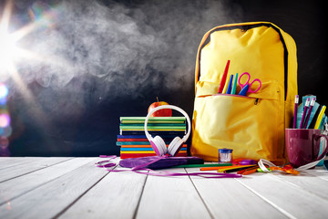 School backpack and desk of free space for your decoration. 