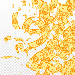 Obraz premium Korean won notes falling. Messy WON bills on trans