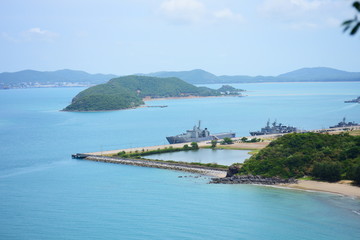 Sea views and islands close to Sattahip Naval Base, Thailand. The view from the high peaks.