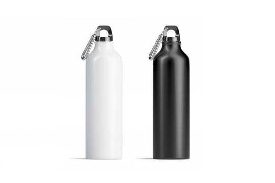 Blank black and white metal sport bottle mockup set, isolated, 3d rendering. Empty steel botle mock up, front view. Clear beverage for trip. Aluminum can with cap template.