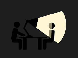 Suspect person is illuminated and lit by light from lamp - interrogation and questioning. Policeman is interrrogating man - discomfort interview. Vector illustration