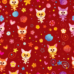 kittens hearts and flowers seamless pattern