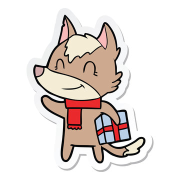 sticker of a friendly cartoon wolf with present