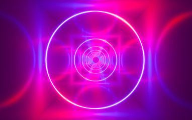 Abstract fluorescent background, optical illusion, night club interior. 3D illustration. 