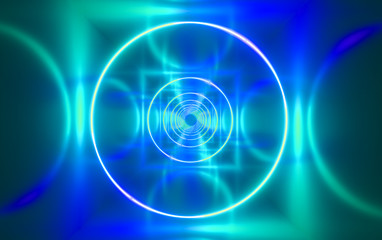Abstract fluorescent background, optical illusion, night club interior. 3D illustration. 