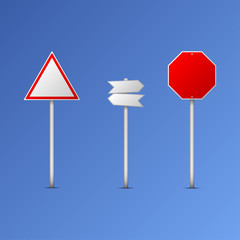 Traffic road realistic signs vector icons set isolated illustration. Collection of signage signal warning sign stop danger caution speed highway empty parking street board direction