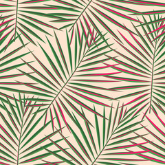 Tropical palm leaves pattern seamless background. Exotic fashion trendy floral foliage pattern. Seamless beautiful botany palm tree summer decoration design.Vector pattern print for swimwear wrapping.