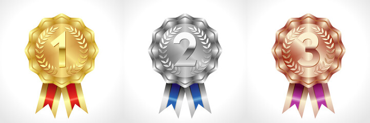 Awards colored numbers, logotype set. Isolated abstract graphic design template. Coloured icons, victory symbols. Celebrating congratulating decorative 1 st, 2 nd 3 rd collection of signs. Vector cups