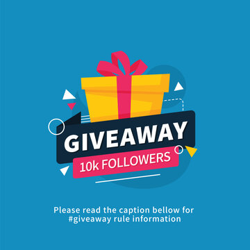 Giveaway 10k followers poster template design for social media post or website banner. Gift box vector illustration with modern typography text style.