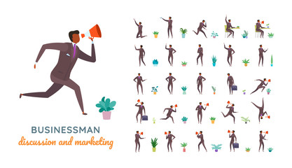 Vector young adult man in business suit ready-to-use character casual poses set in flat style.