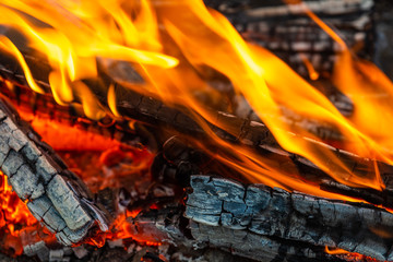 Burning firewood. Fire, flames, charred wood