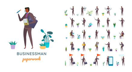 Vector young adult man in business suit ready-to-use character casual poses set in flat style.