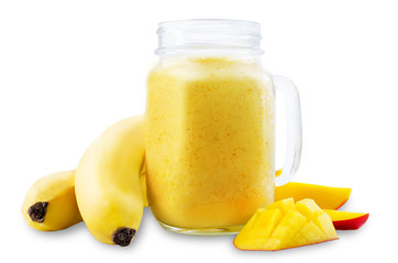 Mango banana smoothie on a white background