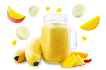 Mango banana smoothie on a white background