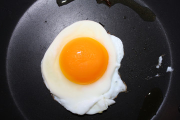 Fried egg in the black pan background.