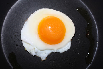 Fried egg in the black pan background.