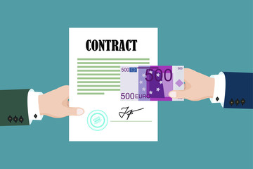 Man hands paying for contract. Corruption in business. Vector illustration in flat design