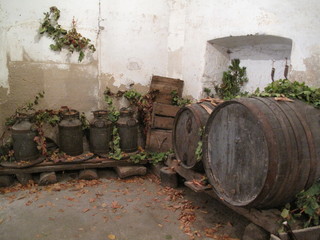 Wine barrels in a cellar