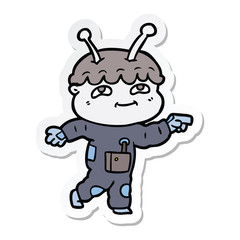 sticker of a friendly cartoon spaceman pointing