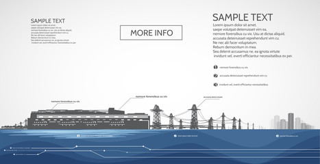 Fototapeta premium Hydroelectric power station, with electric pylons, power supply to the city, infographics. [Converted]