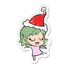 happy distressed sticker cartoon of a elf girl wearing santa hat