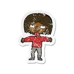 retro distressed sticker of a cartoon girl looking upwards