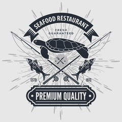 Seafood restaurant logo  with Sea Turtle and fishing rods. Vintage badge design. Vector illustration. 