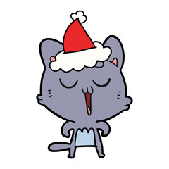 line drawing of a cat singing wearing santa hat