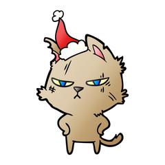 tough gradient cartoon of a cat wearing santa hat