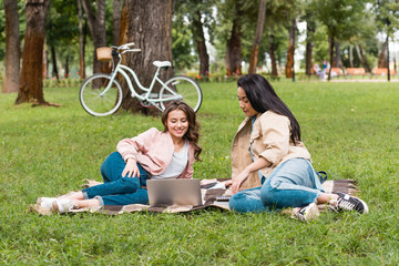 cheerful girls looking at laptop while having picnic in park