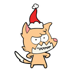 line drawing of a grinning fox wearing santa hat