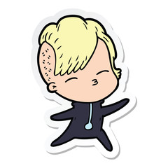 sticker of a cartoon squinting girl