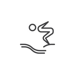 Jumping from a dive board into the water line icon. linear style sign for mobile concept and web design. Diving swimming sport outline vector icon. Symbol, logo illustration. Pixel perfect vector 