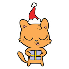 cute line drawing of a cat wearing santa hat