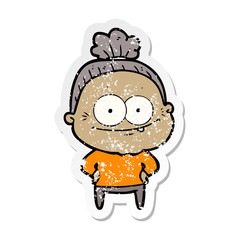 distressed sticker of a cartoon happy old woman