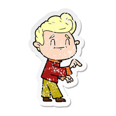 Fototapeta premium distressed sticker of a happy cartoon man making point