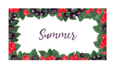 Rectangle shaped frame made of red and black currant berries and leaves, isolated on white, hand drawn botanical illustration. 