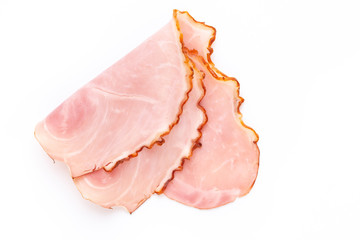 Sliced boiled ham sausage isolated on white background, top view.
