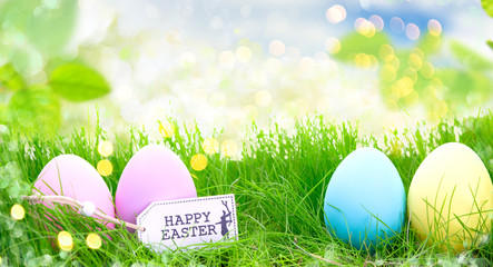 easter eggs background on wooden rustical wall 