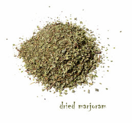 Dried marjoram on a white isolated background. View from above.