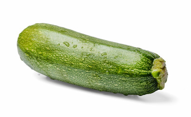 Fresh zucchini with drops on the fruit. White isolated background. Close-up. Side view.