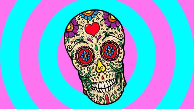 Animated background with mexican sugar skull. Day of the dead party