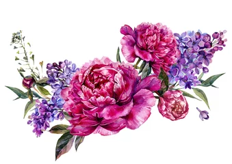 Fuchsia Pfingstrosen und lila Aquarelldekoration © Inna Sinano
