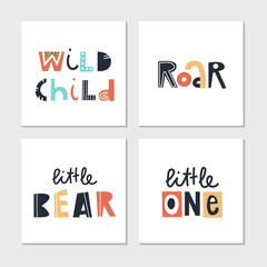 Collection of children lettering cards with cute phrases and words. Perfect for nursery posters. Vector illustration.
