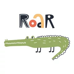 Roar - Niedliches handgezeichnetes Kinderzimmerposter mit Krokodiltier und Schriftzug. Farbvektorabbildung. © Oksana Stepova
