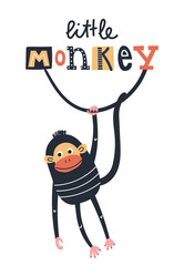 Little monkey - Cute kids hand drawn nursery poster with monkey animal and lettering. Color vector illustration.