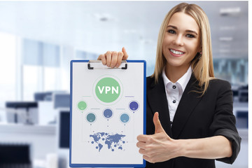 Business, technology, internet and networking concept. Young entrepreneur showing keyword: VPN