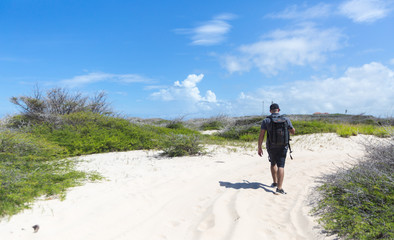 man walking away on the sandy beach Aruba island 