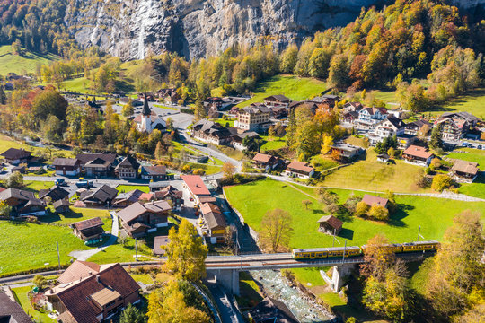 Aerial view of Lauterbrunnen. Lauterbrunnen, Canton of Bern, Switzerland, Europe