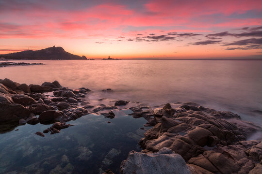 Saint-Rapha&euml;l coast at sunrise with the &Icirc;le d'Or in the background, Var department, Provence-Alpes-C&ocirc;te d'Azur region, France